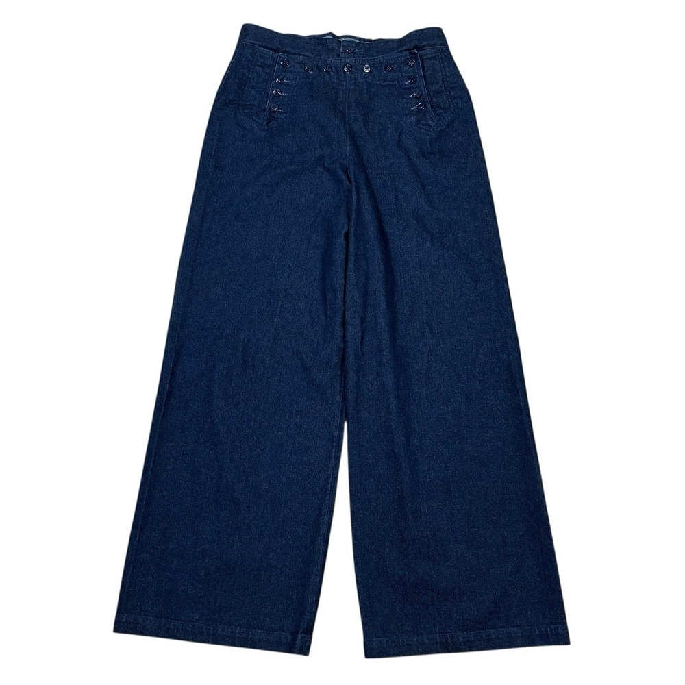 Ralph Lauren Sailor Denim Trouser Women 14 High Rise Ultra Wide Leg Lace Up Back